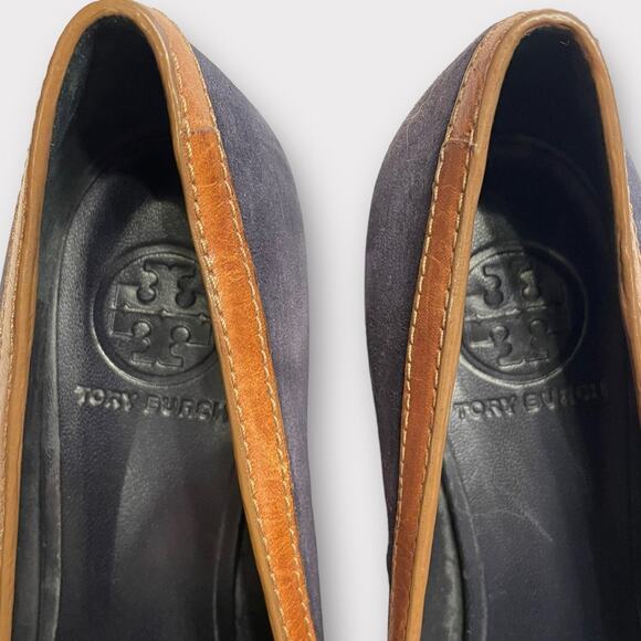 TORY BURCH navy suede & brown leather block career office heels size 7.5 - Picture 8 of 9